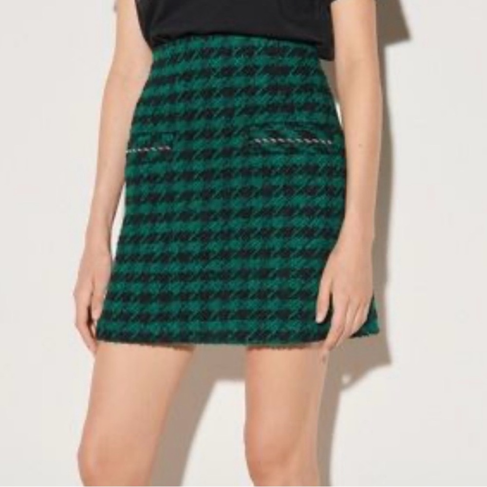 Sandro Claudie Houdstooth Green Black Mini A-Line Skirt NWT